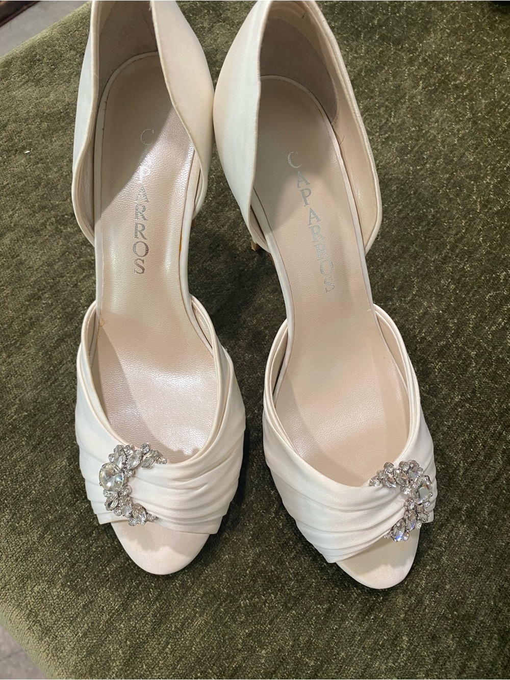 Caparros Ivory Satin Peep-Toe Heels with Rhinestone Buckle
